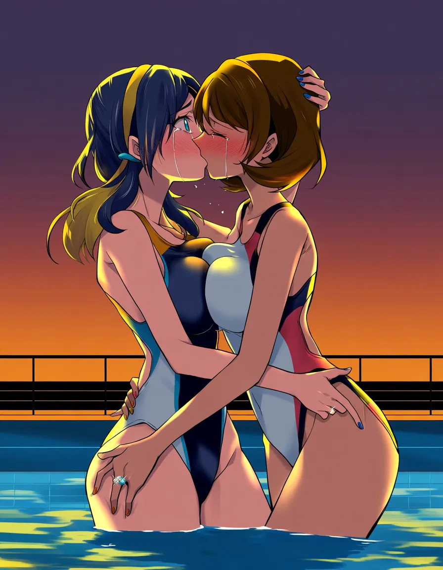 2girls, multiple_girls, @misty_(pokemon), @nessa_(pokemon), yuri, lesbian, white competition_swimsuit, wedding_ring, bridal_veil, standing, grabbing_another's_breast, grabbing_another's_ass, blush, kissing, crying, in pool, sunset., hentai_studio_quality, hentai_studio_quality