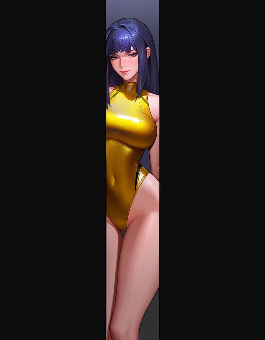 @pharah_(overwatch), standing, legs_apart, seductive_smile, closed_mouth, looking_at_viewer, sexually_suggestive, hands_on_own_hips, gold competition_swimsuit, in dressing room., hentai_studio_quality