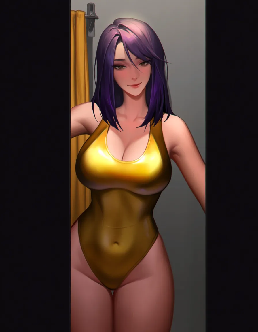 @pharah_(overwatch), standing, legs_apart, seductive_smile, closed_mouth, looking_at_viewer, sexually_suggestive, hands_on_own_hips, gold competition_swimsuit, in dressing room., hentai_studio_quality, hentai_studio_quality