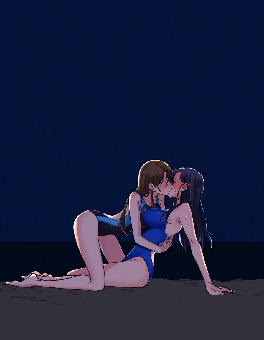 2girls, multiple_girls, @misty_(pokemon), @nessa_(pokemon), yuri, lesbian, on_back, girl_on_top, hug, blue competition_swimsuit, blush, sweat, closed_eyes, grabbing_another's_ass, kissing, beach, night., hentai_studio_quality, hentai_studio_quality