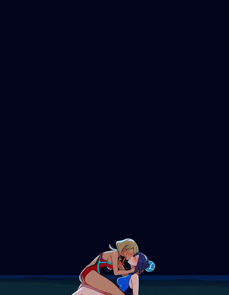 2girls, multiple_girls, @misty_(pokemon), @nessa_(pokemon), yuri, lesbian, on_back, girl_on_top, hug, blue competition_swimsuit, blush, sweat, closed_eyes, grabbing_another's_ass, kissing, beach, night., hentai_studio_quality, hentai_studio_quality, hentai_studio_quality