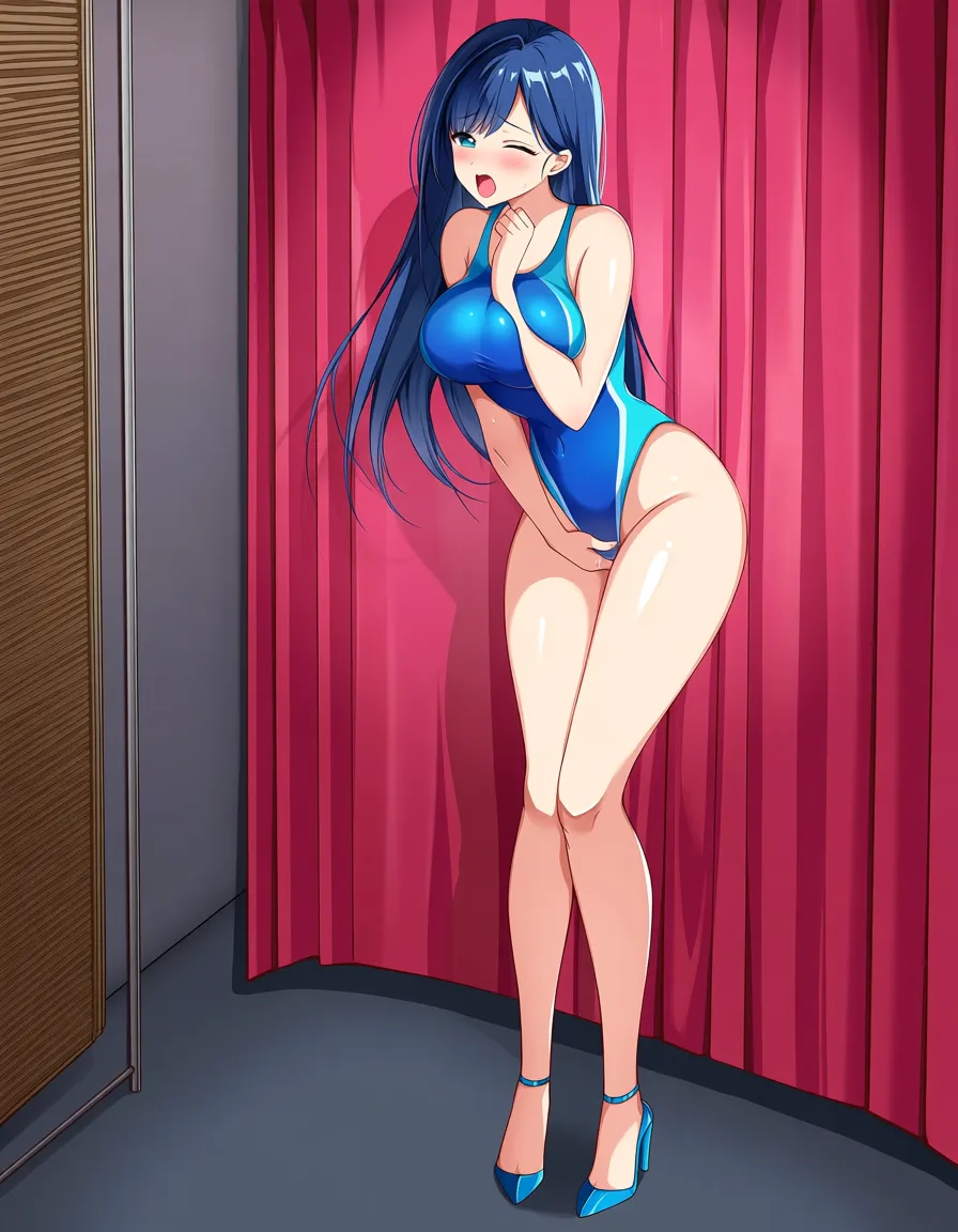@sailor_moon, standing, legs_apart, knees bent, looking_back, blush, one_eye_closed, looking_at_viewer, blue competition_swimsuit, blue high_heels, grabbing_own_breast, female_masturbation, moaning, orgasm, in dressing room., hentai_studio_quality