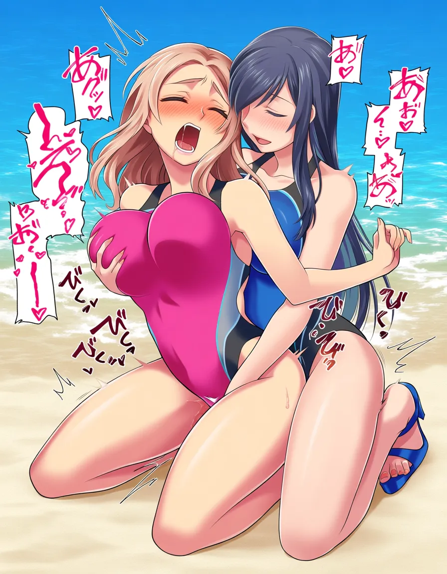 2girls, multiple_girls, @kadotani_anzu, @tenjouin_asuka, yuri, lesbian, blue competition_swimsuit, blue high_heels, pink competition_swimsuit, pink high_heels, on_back, girl_on_top, blush, closed eyes, grabbing_another's_breast, humping, cowgirl_position, moaning, orgasm, beach, public_indecency., hentai_studio_quality, hentai_studio_quality, hentai_studio_quality