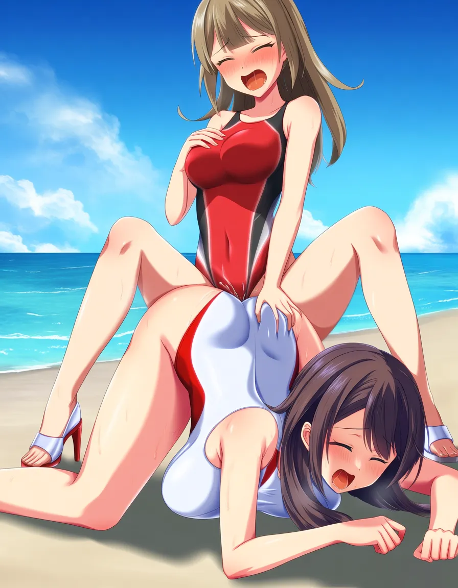 2girls, multiple_girls, @misaka_mikoto, @tohsaka_rin, yuri, lesbian, on_stomach, girl_on_top, red competition_swimsuit, red high_heels, white competition_swimsuit, white high_heels, legs_apart, humping, doggystyle, sex_from_behind, blush, closed_eyes, grabbing_another's_ass, moaning, orgasm, public_indecency, beach., hentai_studio_quality