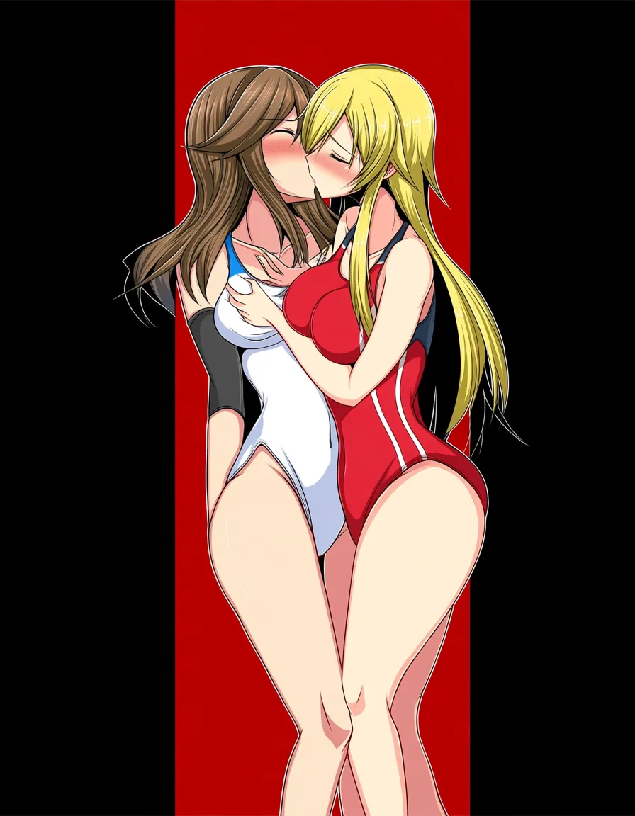 @mela_(pokemon), @flannery_(pokemon), yuri, lesbian, red competition_swimsuit, princess_carry, grabbing_another's_breast, blush, closed eyes, kissing, in dressing room, 2girls, multiple_girls., hentai_studio_quality