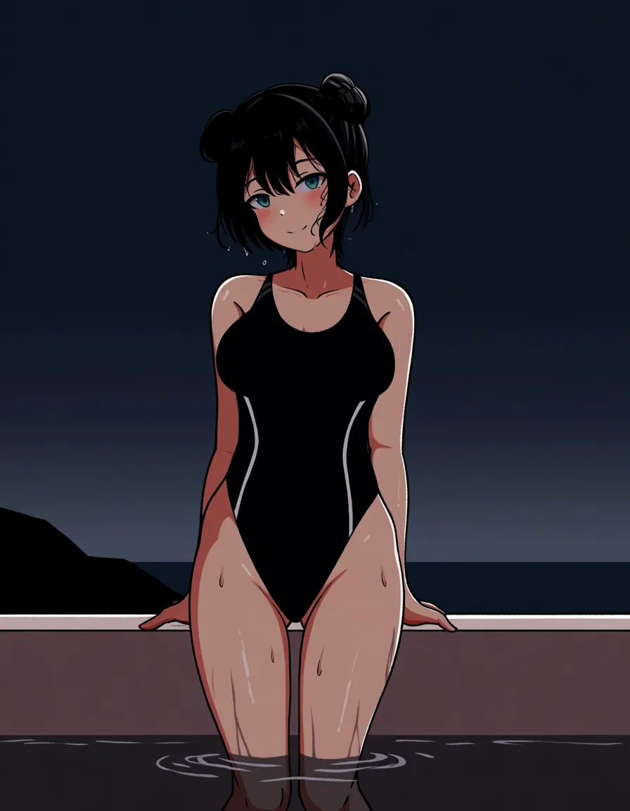 @zoey_(k-pop_demon_hunters), standing, legs_apart, black_hair, short_hair, double_bun, black competition_swimsuit, looking_at_viewer, seductive_smile, closed_mouth, wet, hands_on_own_hips, bathing, outdoors, night., hentai_studio_quality