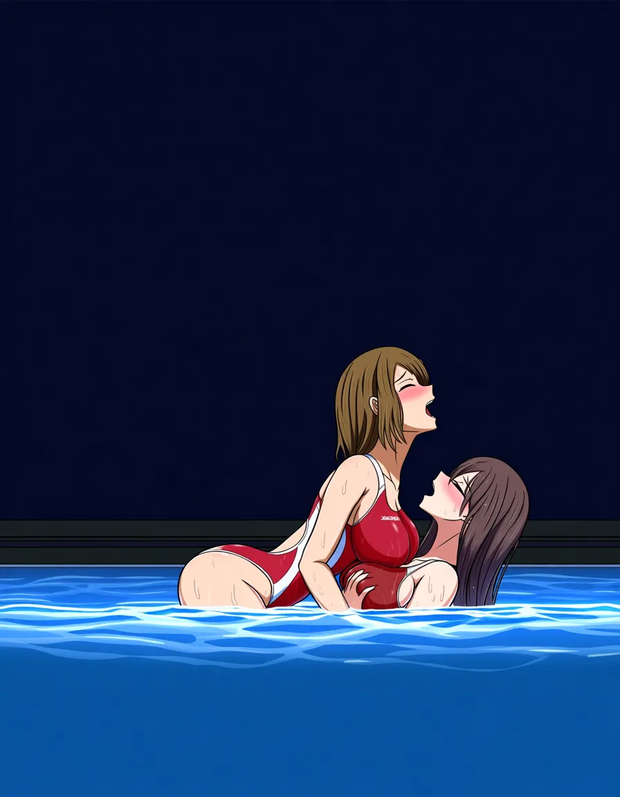 2girls, multiple_girls, @yoko_littner, @tohsaka_rin, yuri, lesbian, on_back, girl_on_top, red competition_swimsuit, wet, grabbing_another's_breast, blush, closed_eyes, humping, cowgirl_position, moaning, orgasm, same-sex_bathing, outdoors, night, partially_submerged., hentai_studio_quality