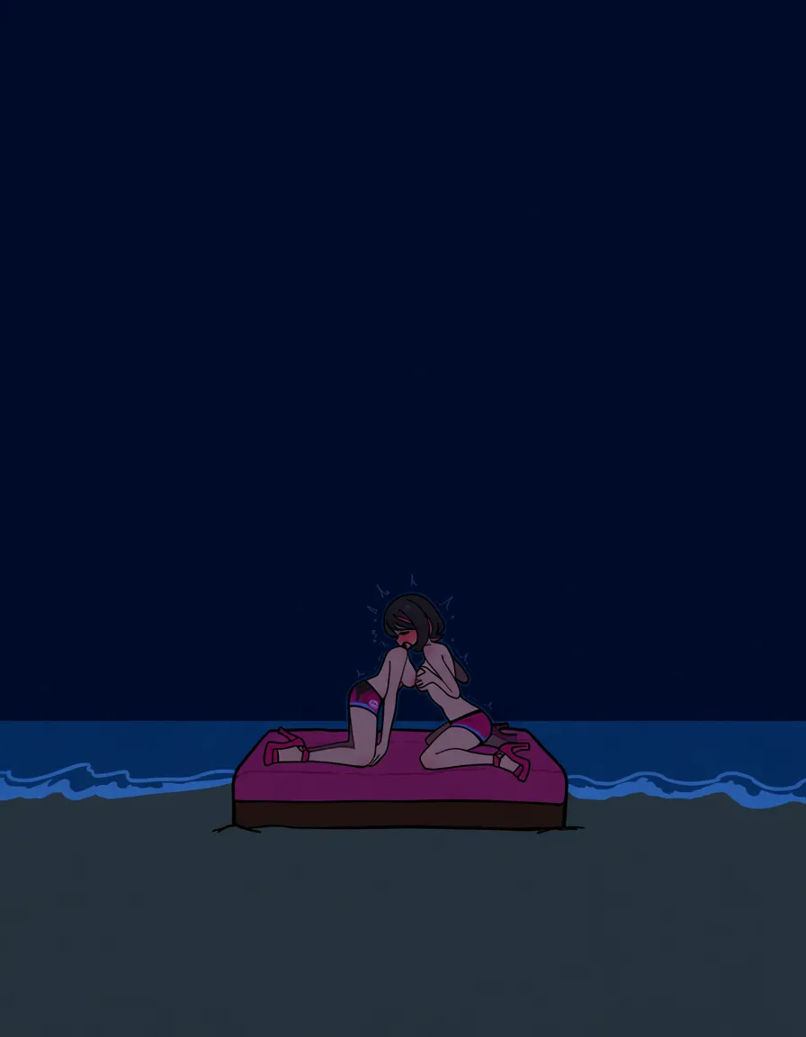 @olivia_(pokemon), topless, kneeling, legs_apart, blush, looking_at_viewer, grabbing_own_breast, magenta high_heels, magenta boxer briefs, moaning, orgasm, on_bed, beach, night., hentai_studio_quality, hentai_studio_quality