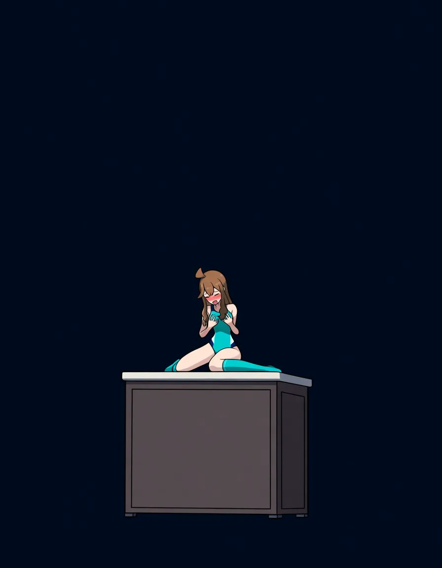 @sonia_(pokemon), kneeling, legs_apart, aqua competition_swimsuit, aqua kneehighs, blush, closed_eyes, grabbing_own_breast, moaning, orgasm, on office desk, night., hentai_studio_quality, hentai_studio_quality, hentai_studio_quality, hentai_studio_quality
