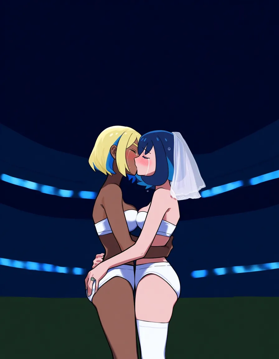 2girls, multiple_girls, @iris_(pokemon), dark-skinned_female, @canari_(pokemon), dark-skinned_female, bob_cut, blue_hair, blonde_hair, multicolored_hair, yuri, lesbian, wedding_ring, bridal_veil, standing, hug, grabbing_another's_ass, white bandeau, white buruma, blush, closed_eyes, white thighhighs, kissing, crying, in stadium, night., hentai_studio_quality, hentai_studio_quality
