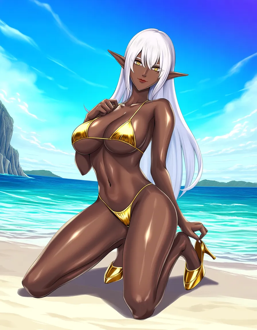 @eleonor_(taimanin), dark-skinned_female, long_hair, white_hair, pointy_ears, elf, kneeling, legs_apart, gold bikini, hand_on_own_chest, gold high_heels, looking_at_viewer, seductive_smile, closed_mouth, beach., hentai_studio_quality