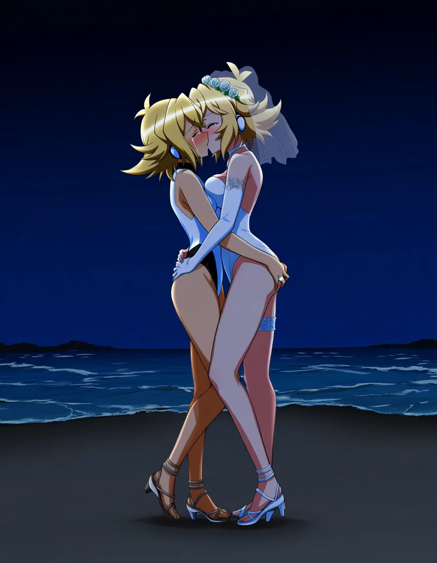 @tachibana_hibiki_(symphogear), @kohinata_miku_(symphogear), yuri, lesbian, standing, hug, wedding_ring, bridal_veil, white competition_swimsuit, grabbing_another's_ass, blush, closed_eyes, kissing, crying, at wedding, outdoors, beach, night., hentai_studio_quality