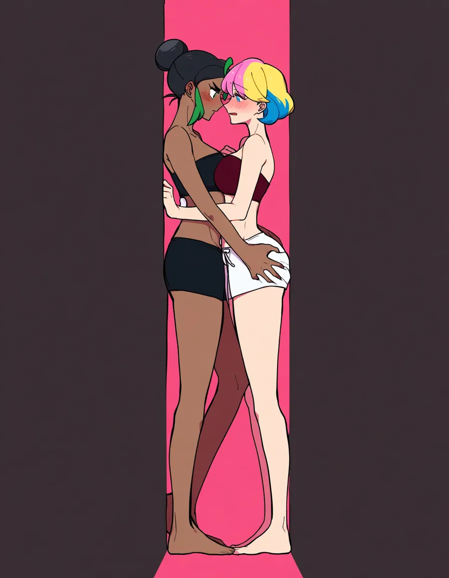 2girls, multiple_girls, @emma_(pokemon), dark-skinned_female, black_hair, short_hair, black bandeau, black short_shorts, @taunie_(pokemon), short_hair, single_hair_bun, blonde_hair, pink_hair, multicolored_hair, maroon bandeau, white short_shorts, yuri, lesbian, standing, against_wall, hug, blush, embarrassed, grabbing_another's_breast, grabbing_another's_ass, eye_contact, imminent_kiss, in dressing room., hentai_studio_quality