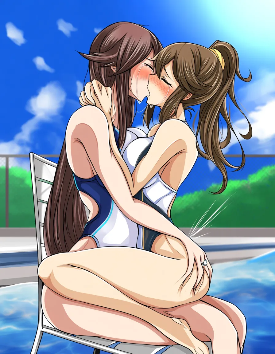 2girls, multiple_girls, @flannery_(pokemon), @korrina_(pokemon), on_back, girl_on_top, yuri, lesbian, bridal_veil, wedding_ring, white competition_swimsuit, legs_apart, straddling, hug, grabbing_another's_ass, blush, closed_eyes, kissing, crying, orgasm, in pool chair, outdoors., hentai_studio_quality, hentai_studio_quality