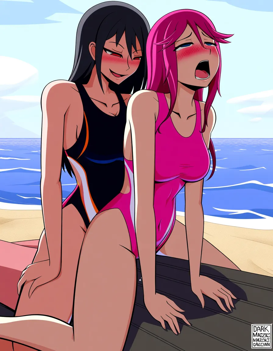 2girls, multiple_girls, @dark_magician_girl, no_headwear, pink competition_swimsuit, @mazaki_anzu, black competition_swimsuit, on_stomach, girl_on_top, yuri, lesbian, straddling, blush, half-closed_eyes, seductive_smile, open_mouth, humping, sex_from_behind, legs_apart, moaning, orgasm, beach., hentai_studio_quality, hentai_studio_quality, hentai_studio_quality