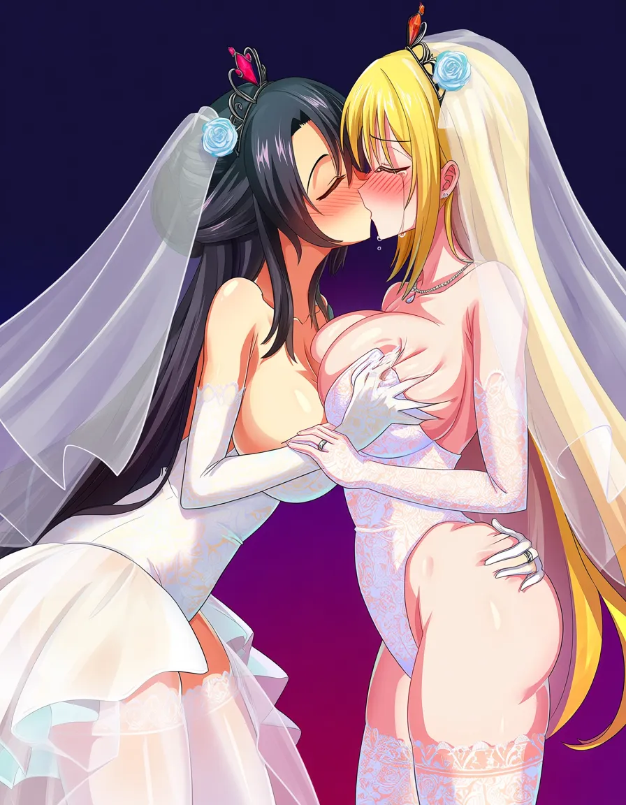2girls, multiple_girls, @dark_magician_girl, @mazaki_anzu, yuri, lesbian, standing, bridal_veil, wedding_ring, white lace leotard, white lace gloves, white lace thighhighs, princess_carry, grabbing_another's_breast, grabbing_another's_ass, blush, closed_eyes, kissing, crying, at wedding., hentai_studio_quality