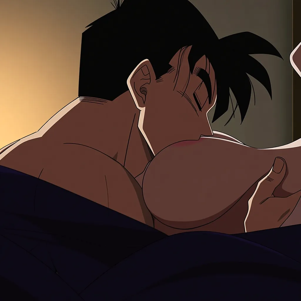 Son Gohan, @Videl, short hair, nude, missionary, breast_sucking, heart-shaped_pupils, bedroom, hentai_studio_quality
