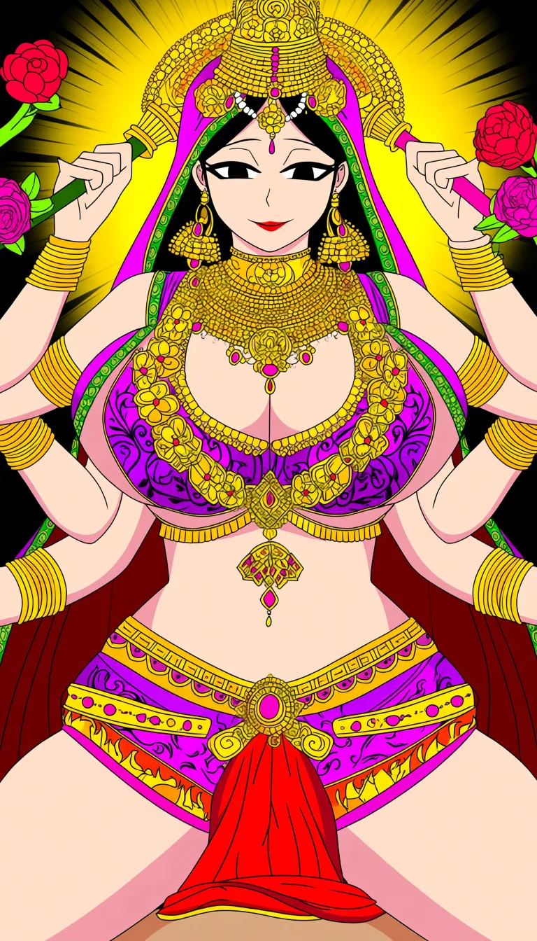 1 Adult Mother Goddess with multiple arms, ethnicity Hindu, Bengali, red lipstick, Accurate Anatomy, symmetrical body structure, Big chest, Thick thighs and arms, thick pelvis, tight fitting bra with intricate patterns and baggy mini skirt with curls and frills, Adorned Heavily in Indian Ornaments, black eyes, POV Sex, Symmetrical Tight Straddling Position, Having sex with viewer, big all around Mukut Crown, devine radiance, Calm and Graceful Expression, confident smile with hooded eyes, flowers around in Symmetrical order, holding flowers, floral necklace, semi realistic