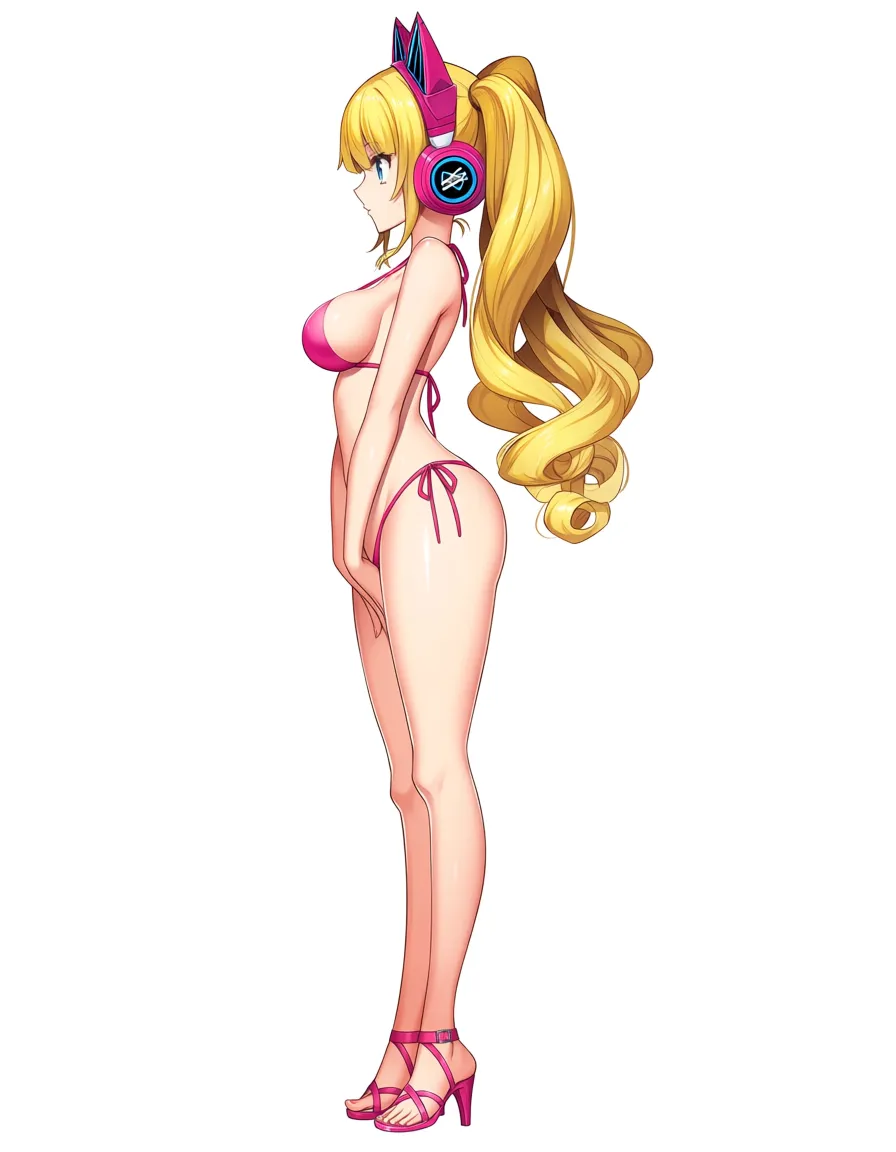 studio quality, best quality, Masterpiece, Detailed, shorty girl girl short, thin, narrow_waist, small_breasts, blue eyes, blonde_hair, long curly_hair, light peach skin, two long ponytails, pink headphones in a shape of Cat ears, super thin tight high profile pink single piece bikini, with thin strings, open toe pink heels, standing, solo, crotch rubbing, crossed_legs, City in clouds, pointy White towers, from_side view, hentai_studio_quality, hentai_studio_quality
