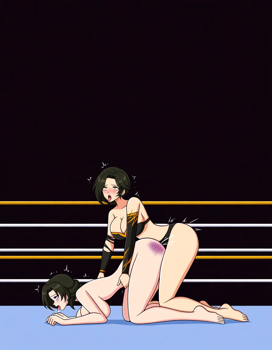 Cinder_fall_(rwby) , @sailor_jupiter_brown_hair covering_own_mouth , 2girls yuri sex , wrestling_ring, wrestling orgasm pussy_juice, defeated, squirting , bruised, nude sweat from_side doggystyle all_fours sex_from_behind strap-on skindentation torn_clothes,,,, ahegao,, hentai_studio_quality