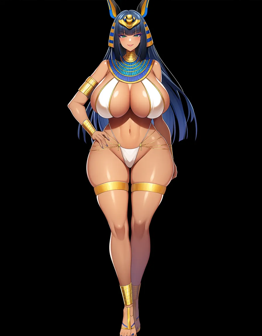 Masterpiece quality, Ancient Egyptian Queen, Voluptous curvy , thick_thighs , mature_female , egyptian chamber, sultry smile, blue_hair,, hentai_studio_quality