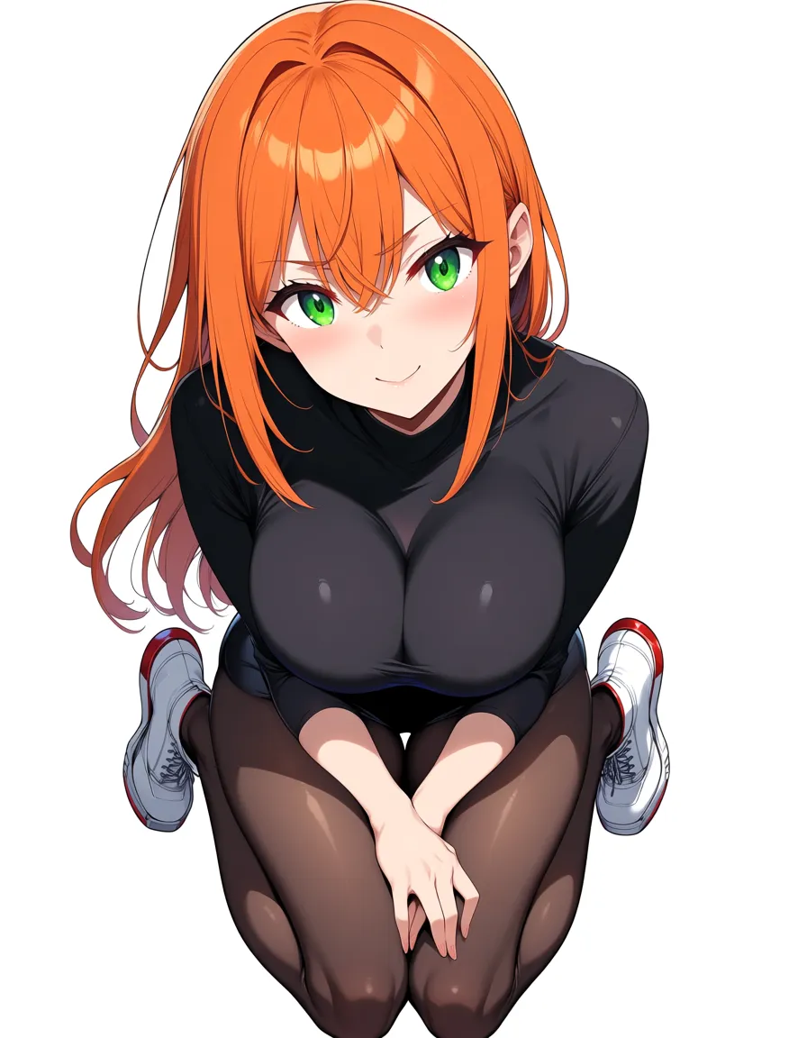 ultra detailed shading, milf, facesitting, white footwear, orange hair, simple background, doujin style, hentai_studio_quality