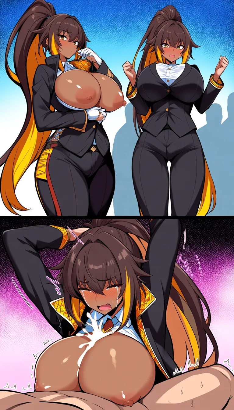 multiple_views, multiple_boys , 1girl , school_uniform , high_ponytail , large_breasts, dark-skinned_female. First scene: standing , nervous, clothed, full_body, tight_clothes. Second scene: embarrassed, dominated, on_back, submissive, breasts out, paizuri , hands_up, cum, crying, moaning., hentai_studio_quality