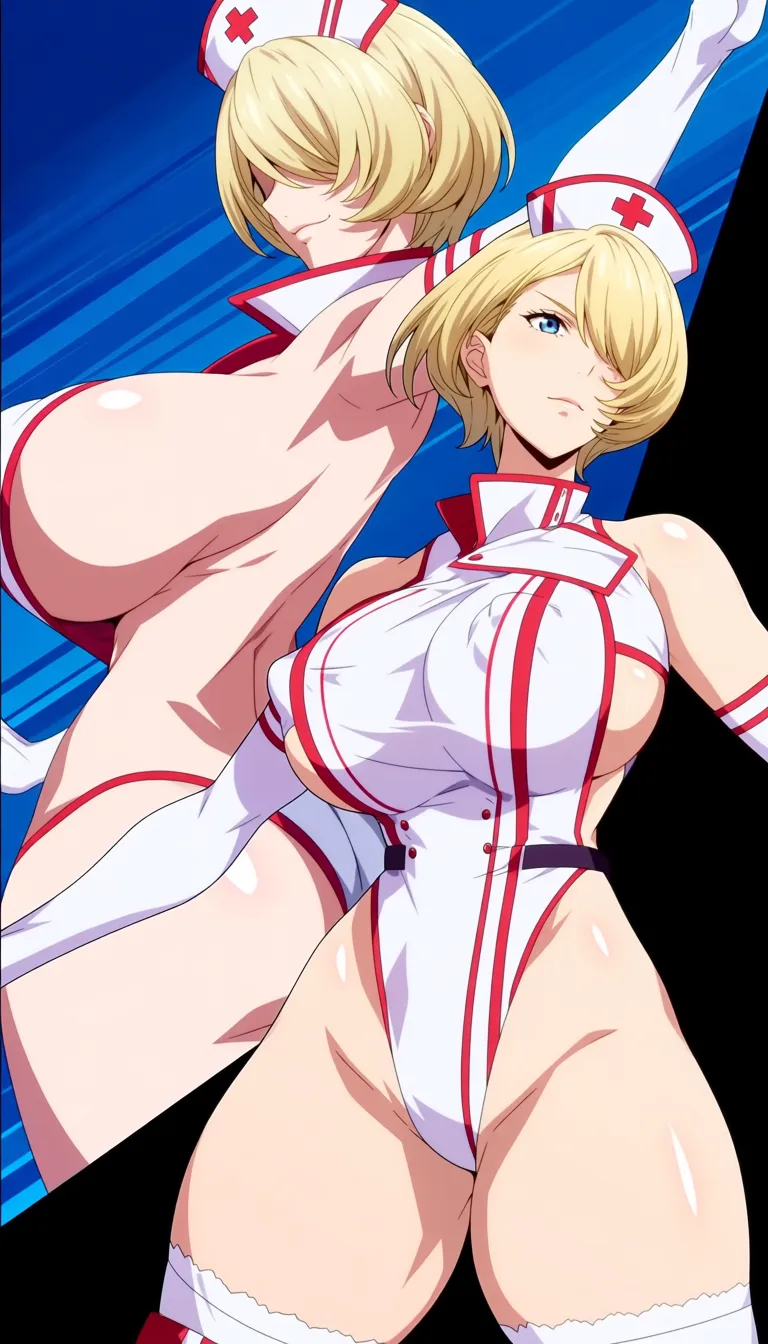 masterpiece, realistic skin, highly detailed, mature_female, (huge_breasts), breasts_bigger_than_head, covered_nipples, puffy_nipples, (wide_hips), (thick_thighs:1.2), strong_thighs, thigh_gap, blonde_hair, short stylish_hair, eyes_visible_through_hair, (white highleg backless sideless sleeveless nurse uniform white highleg_one-piece_swimsuit with high collar), nurse_cap, detailed clothes, alternate_costume, (lace-up:1.2), elbow_gloves, thighhighs, multiple_views, dynamic_angle, dynamic_pose, outside_border,, (anime style:1.3), 2d, anime screencap, cel shading, flat color