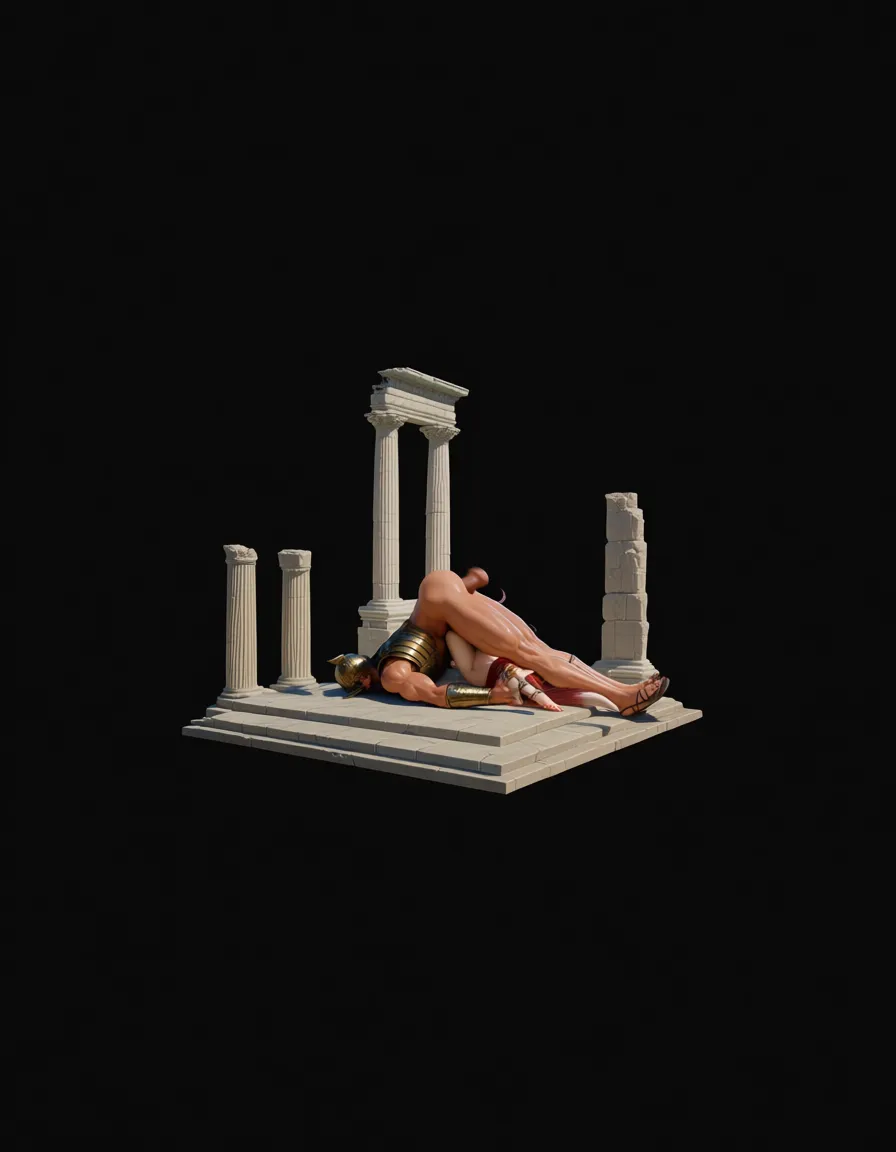 gladiator male, long hair, 1boy, fox_girl, 1girl, sex, belly bulge, pinned down, huge_penis, pressing knees to chest , legs_apart , ancient roman ruins, from_side,, score_9, score_8, 3d render, octane render, subsurface scattering, ray tracing, smooth shading