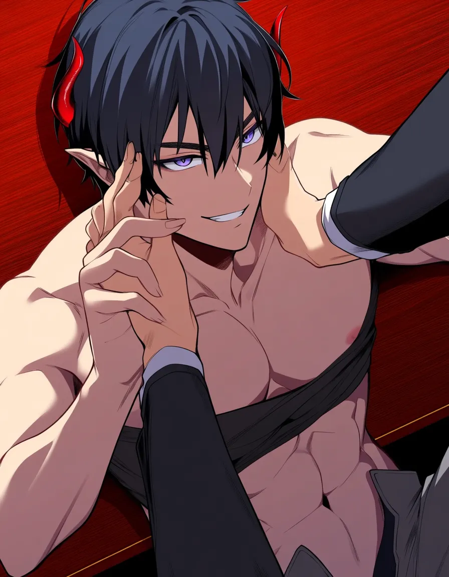 best quality, explicit detail, male focus, fingernails, horns, missionary, table, confident gaze, manga panel look, hentai_studio_quality