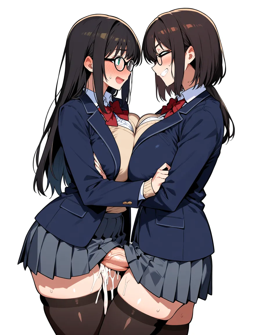 ultra detailed shading, glasses, bow, futanari, transparent background, tender moment, anime style thigh black_thighhighs, cum_overflow, sweat, hentai_studio_quality