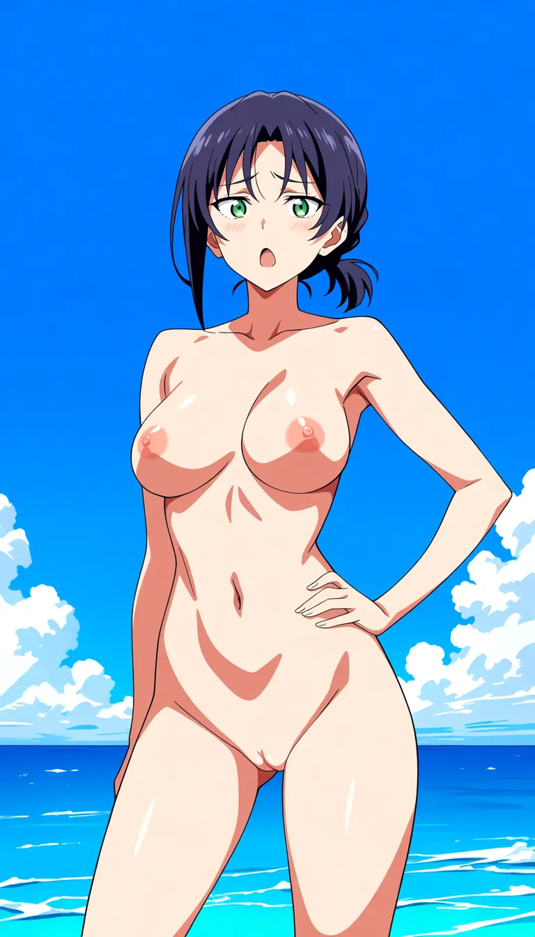 sharp focus, 8k uhd, solo female, hand on own hip, swimsuit, moaning, ocean, hyperrealistic, remove swinsuit for to be nude, perfect shaved pussy