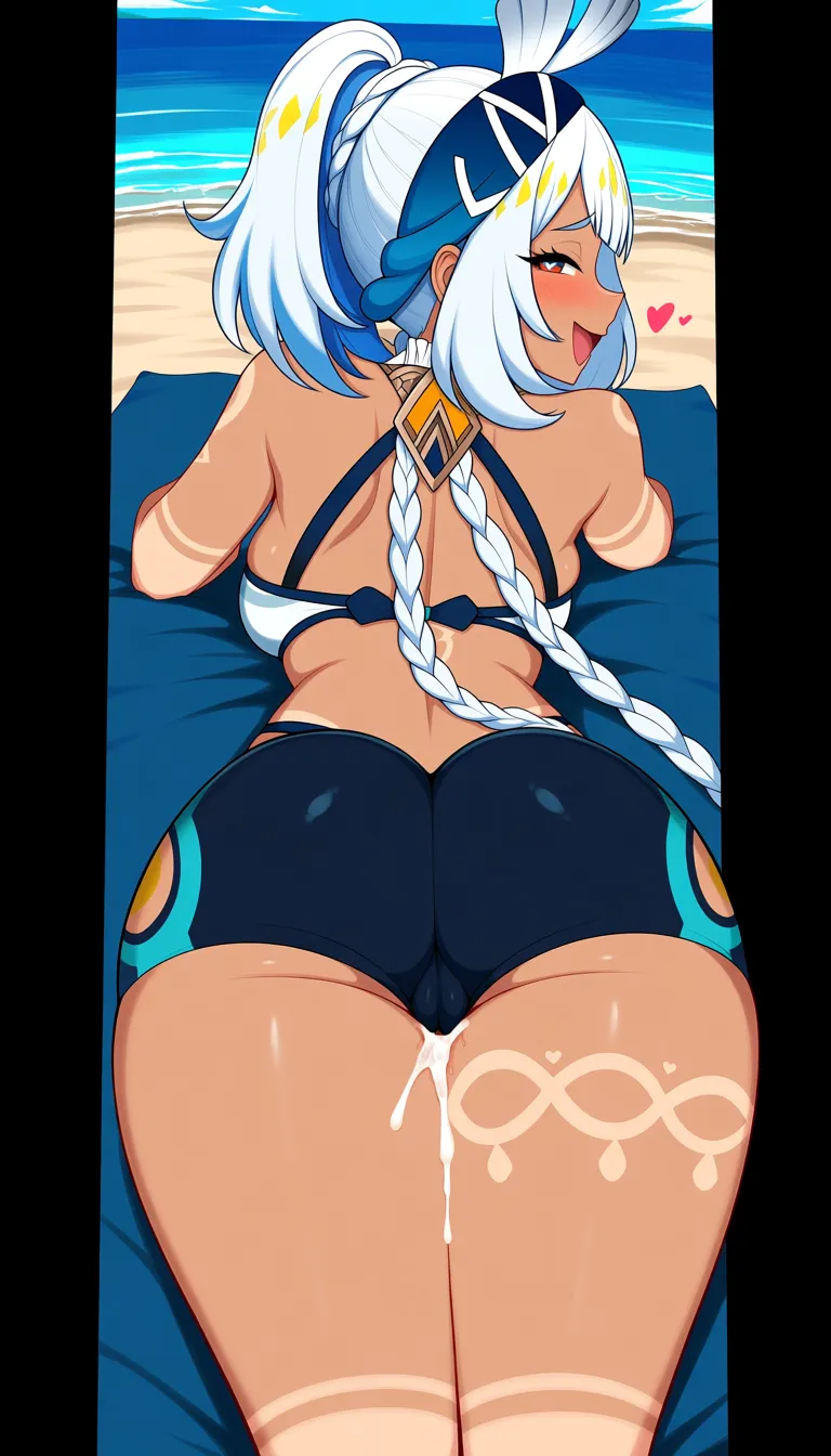 Masterpiece, 1girl, Mualani character from genshin impact, outfit, Guider smile, looking at viewer, from behind, on stomach, lying on blanket , beach, shorts down , pov vaginal sex, cum, pov light no hairs cock, Pussy, small ass, heart eyes, , half closed eyes, thighs together, lightweight body, .,,, value:0.1 for: hentai_studio_quality.,,,,., hentai_studio_quality, hentai_studio_quality, hentai_studio_quality, hentai_studio_quality, hentai_studio_quality, hentai_studio_quality, hentai_studio_quality, hentai_studio_quality, hentai_studio_quality, hentai_studio_quality