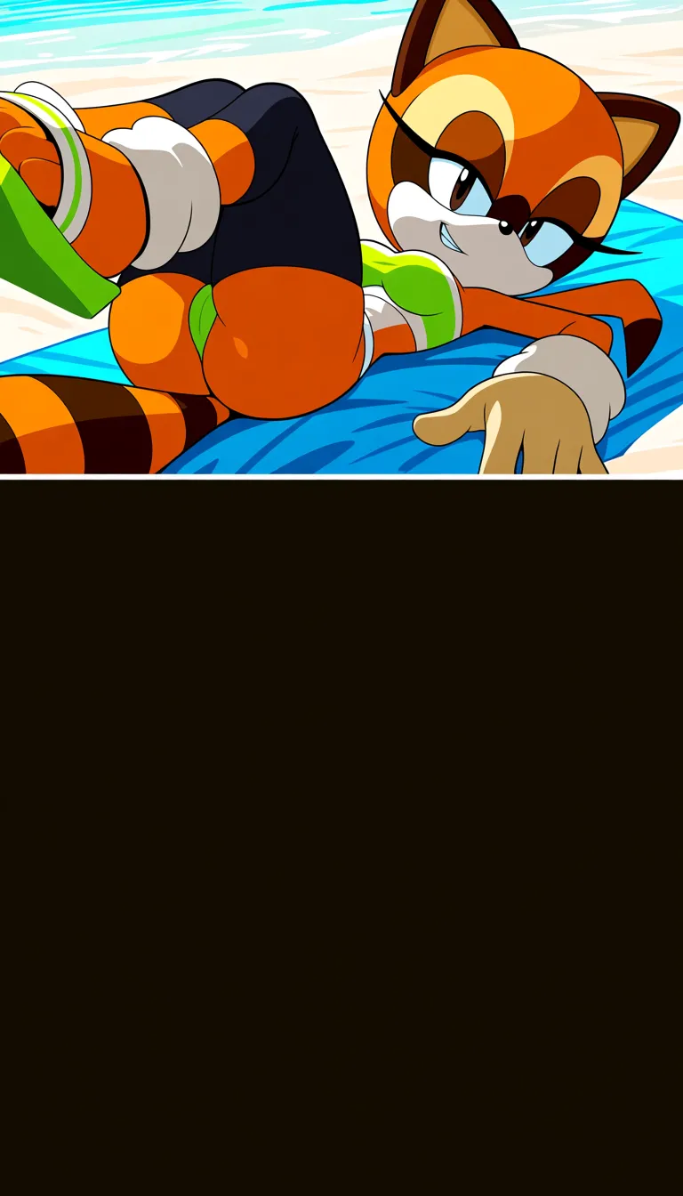 Masterpiece, Original style Marine The Raccoon from Sonic Adventure, looking_at_viewer , racoon tail, full body, legs together, natural perky medium breasts, lying on blanket, cameltoe, panties, lime green tube top with white trim, black capri leggings down, tan gloves, and lime green closed-toe sandals with white ankle-cuffs, beach background, legs up on air, teeth seductive smile, look at viewer ... single continuous shot, full widescreen view, one single image, uninterrupted scene, no borders, no panels, wide angle cinematic photograph, single perspective, edge-to-edge frame.,, hentai_studio_quality, hentai_studio_quality, hentai_studio_quality