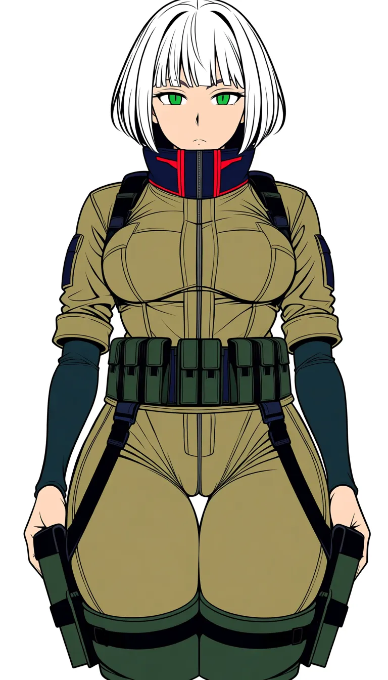 2   Masterpiece, natural perky medium breasts, look at viewer, fine detail, Anime Female With Short bob cut White hair, top cloth, medium Breasts, Green Eyes, Cheeky Face,  legs  together, half closed eyes,   no helmet, Pants down, panties, no gloves, village surroundings background, desert biome, eroge aesthetics, legs up on air, cameltoe, legs together,  · Base: Form-fitting khaki tactical jumpsuit with a front zipper. · Sleeves: Two-toned with dark green/black fitted forearms. The sleeves are rolled up. · Chest: Olive-drab chest rig with shoulder straps and a row of six utility pouches. · Waist & Thighs: Dark green tactical belt with black buckles, connected by horizontal straps wrapping around the upper thighs. · Extras: High dark collar with red accents, and a rigid dark thigh plates on the Thighs. ... single continuous shot, full widescreen view, one single image, uninterrupted scene, no borders, no panels, wide angle cinematic photograph, single perspective, edge-to-edge frame ... modern digital drawing style, clean monoline ink linework, flat cel shading with minimal soft gradients, vibrant color palette with high-contrast accent tones, minimalist geometric background elements, crisp vector-like finish, contemporary graphic illustration.,, hentai_studio_quality, hentai_studio_quality, hentai_studio_quality, hentai_studio_quality, hentai_studio_quality, hentai_studio_quality, hentai_studio_quality, hentai_studio_quality, hentai_studio_quality, hentai_studio_quality, hentai_studio_quality