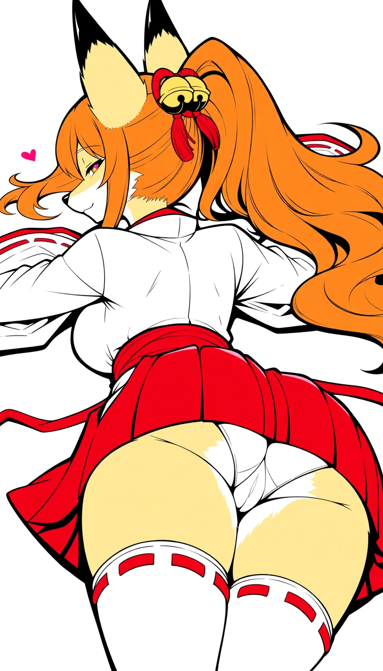 1 Masterpiece, 1girl, natural perky medium breasts, beige fur, fur, half closed eyes, on stomach, from behind, thighs together, cameltoe, lying on ground, panties, heart eyes, smile, outfit, Ceroba Ketsukane, Kitsune (fox-like monster), no fox tail, humanoid anthropomorphic fox, beige fur, long wavy ginger-orange hair, donning attire modeled after a modified miko (shrine maiden) uniform, short kimono, short white dress where the top is structured like a traditional Japanese kimono, complete with red trimmings along the collar, hem, sleeves, thick red obi sash is tied around her waist to secure the dress, hair is held up in a high ponytail using a piece of red ribbon featuring a small gold bell right at the center, standard white boots that feature red trim along top edges, Her head features prominent fox ears, cozy disty office for single worker room background ... single continuous shot, full widescreen view, one single image, uninterrupted scene, no borders, no panels, wide angle cinematic photograph, single perspective, edge-to-edge frame ... modern digital drawing style, clean monoline ink linework, flat cel shading with minimal soft gradients, vibrant color palette with high-contrast accent tones, minimalist geometric background elements, crisp vector-like finish, contemporary graphic illustration, hentai_studio_quality, hentai_studio_quality
