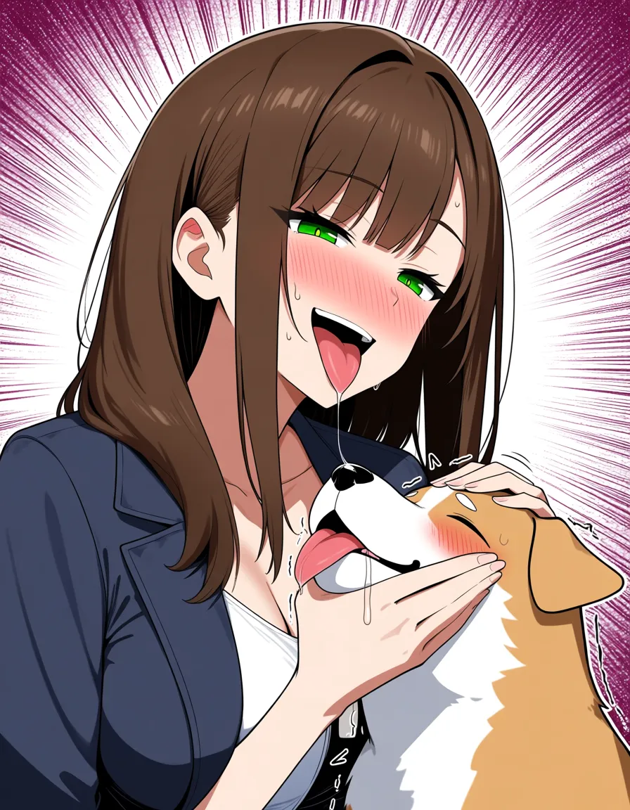 green_eyes blunt_bangs brown_hair long_hair mature_female blush sweat drooling tongue_out seductive_smile trembling, heavy_breathing, petting a blushing and drooling dog, hentai_studio_quality, hentai_studio_quality