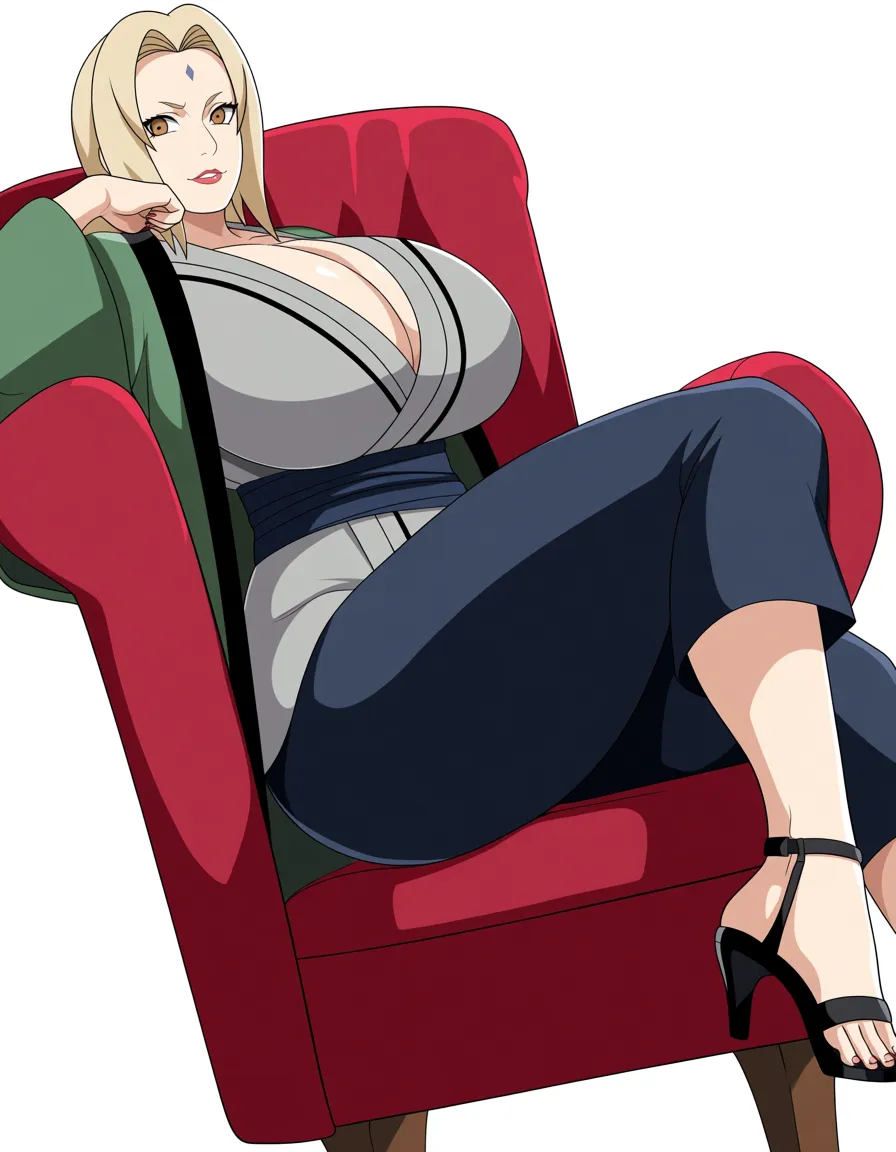 Tsunade (Naruto), 1girl, mature female, very thick thighs, huge breasts, lips, lying on chair, looking at viewer, front view, small slim waist, long legs, high heels, thick curvy hip, wide hip, curvy female,, hentai_studio_quality