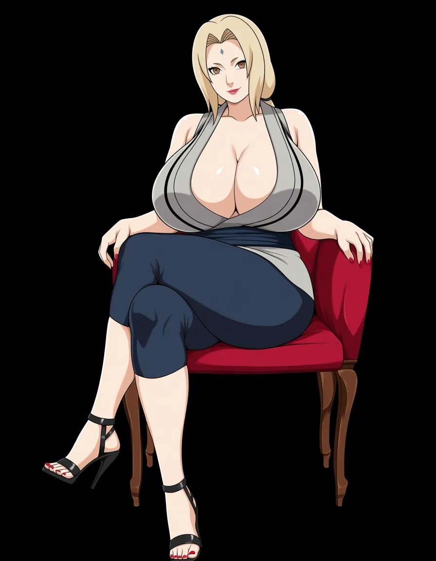 Tsunade (Naruto), 1girl, mature female, very thick thighs, huge breasts, lips, lying on chair, looking at viewer, front view, small slim waist, long legs, high heels, thick curvy hip, wide hip, curvy female,, hentai_studio_quality, hentai_studio_quality