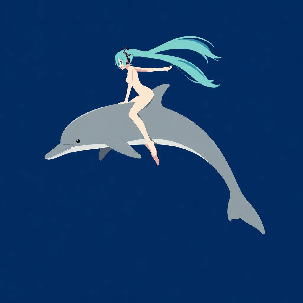 Hatsune miku, naked,riding a dolphin, sexy, (anime style:1.3), 2d, anime screencap, cel shading, flat color, (anime style:1.3), 2d, anime screencap, cel shading, flat color