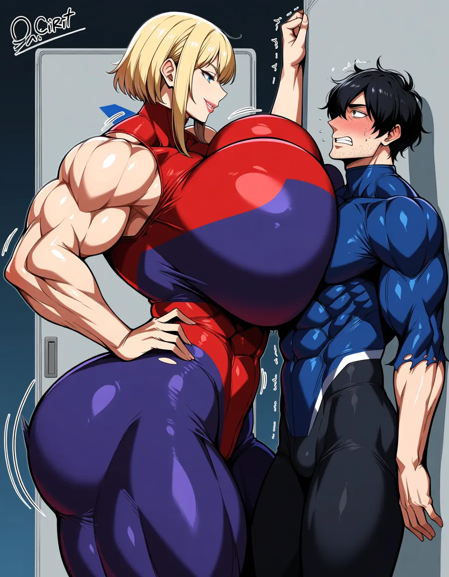 Giant muscular_female, petite male, male stubble, adults, extreme size_difference, femdom, female blonde_hair short_hair_with_long_locks , lab, male scientist, female exit casket, female bodysuit, female torn_clothes, female walking , cornered male against_wall, assertive_female, nervous blush male looking_up , female leaning_back, breast_press, male black medium_hair, female abs, female big biceps, female big shoulders, female thick_thighs, female huge_ass, female wide_hips, huge_breasts, gigantic tall female, male narrow_waist, lightweight male, domination, eye_contact, aged_up, hentai_studio_quality