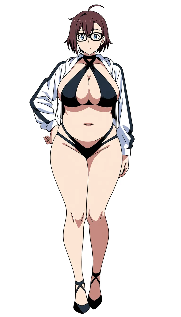 Woman, goth, chubby, big tits, chubby belly, big hips, front view, full body, black glasses, brown hair, white hair lock, black Slinghot bikini, white jacket, art in the style of atey ghailan, painterly anime style at pixiv, art in the style of kantoku, in art style of redjuice/necömi/rella/tiv pixiv collab, your name anime art style, masterpiece digital painting, exquisite lighting and composition, inspired by wlop art style, 8k, sharp, very detailed, high resolution, illustration.
Overall, it's an absolute world-class masterpiece painterly anime-inspired digital art. It's an aesthetically pleasing painterly anime-inspired digital artwork with impeccable attention to detail and impressive composition.