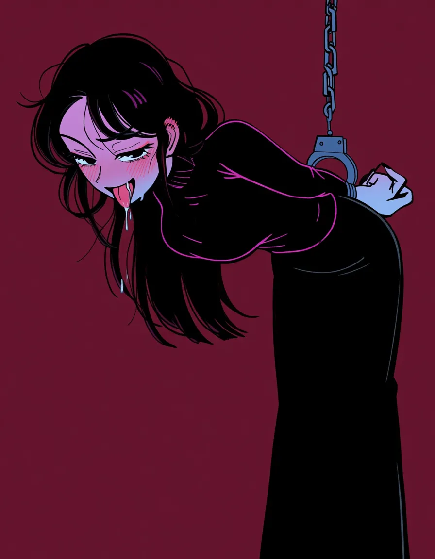 #tarakanovich_artstyle, @madotsuki, yume_nikki, 1girl, solo, aged_up, medium_breasts, hair_down, blush, ball_gag, saliva, drooling, naughty_face, full_body, standing, from_side, arms_behind_back, bound_wrists, handcuffs, sweater, skirt, hentai_studio_quality
