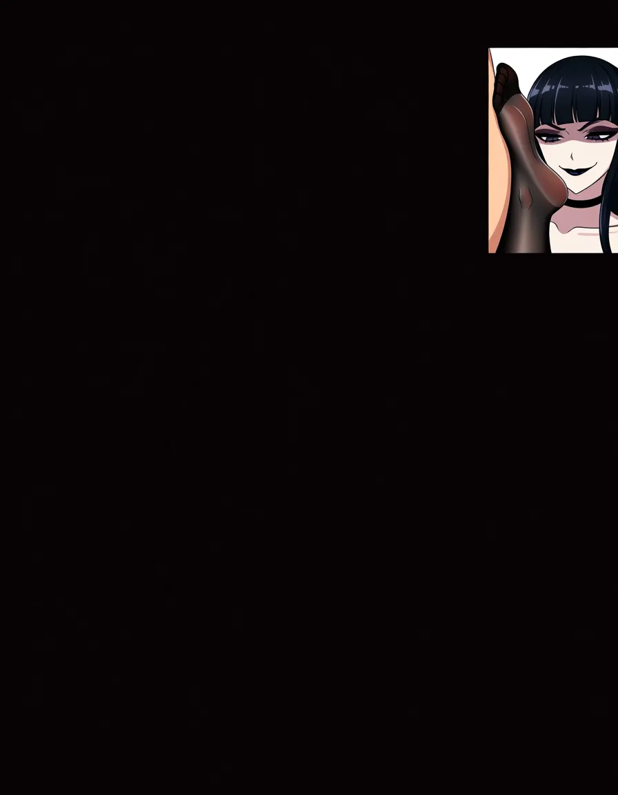 masterpiece, best quality, highly detailed, anime style, hentai, 20 year old goth girl, pale skin, long black hair with bangs, heavy black eyeliner, dark lipstick, black choker, wearing black sheer stockings, footjob, soles and toes pressing against cock, ruining orgasm, man cumming weakly, interrupted climax, frustrated pleasure expression on the man, girl looking down with a smug smirk, detailed feet in stockings, shiny fabric, precum and cum on stockings, dynamic angle, sharp focus, hentai_studio_quality