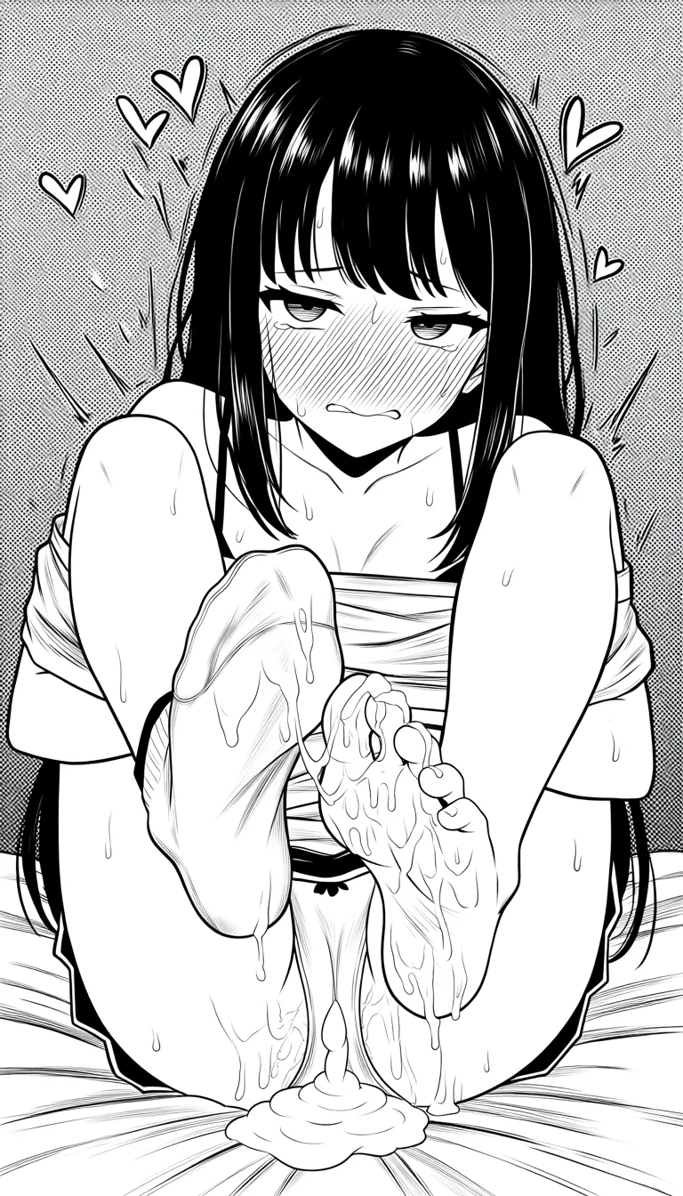 getting fucked in bed with feet up in the air super embarrassed with blushing cheeks and cum all over her with her clothes coming off and a sock bruh half on half off and the other sock being completely off and her barefoot covered in cum petite