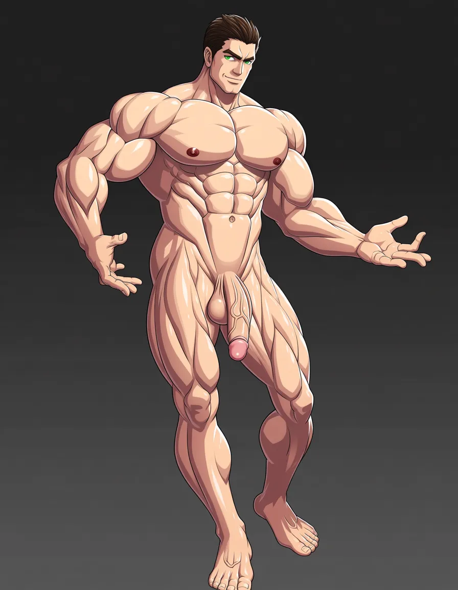 ultra detailed, solo, male, white, large_penis , brown_hair, green_eyes , large_balls, very muscular, flaccid, uncut, hentai_studio_quality