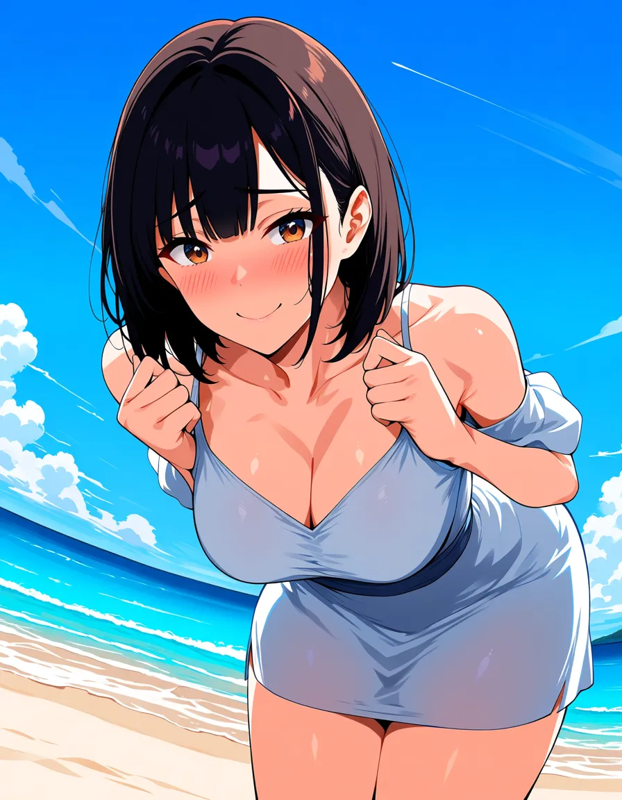 masterpiece, clean art, office lady, hands up, dress, bent over, beach, shy smile, vivid anime colors, hentai_studio_quality