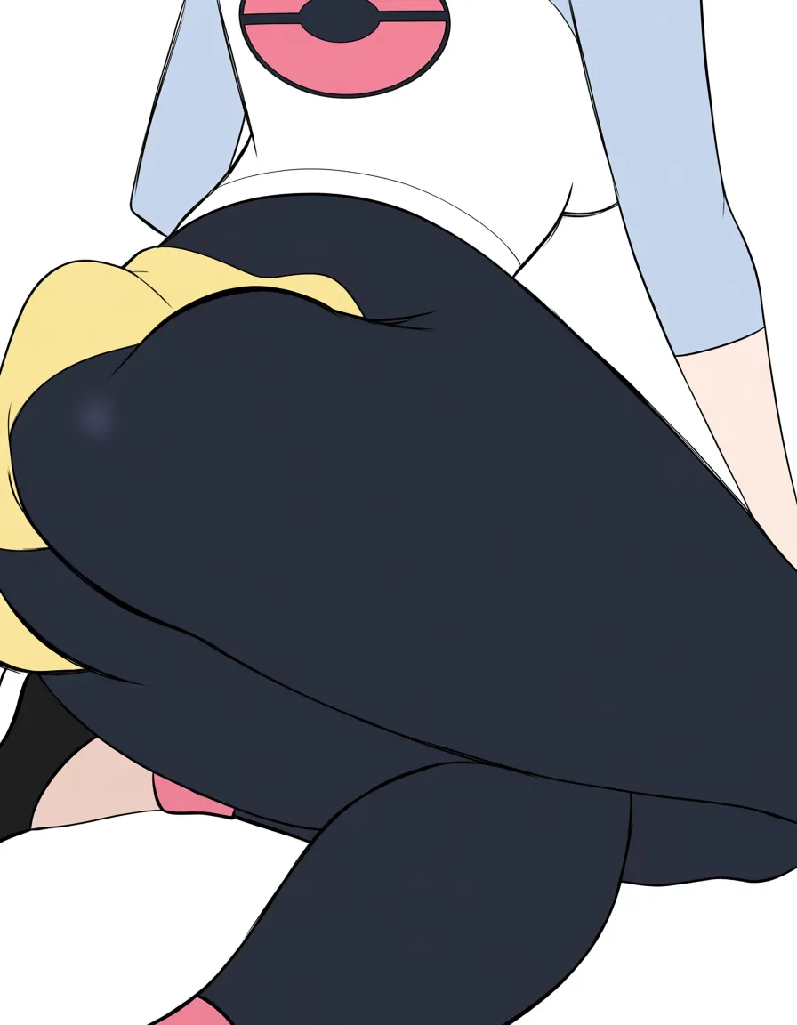 rosa_(pokemon) wearing a white light blue sleeved shirt with a pink pokeball logo on her chest, tight dark ankle high leggings, and black flats. Rosa's massive ass gets grabbed through her leggings grabbing_another's_ass. sitting_on_lap,, hentai_studio_quality