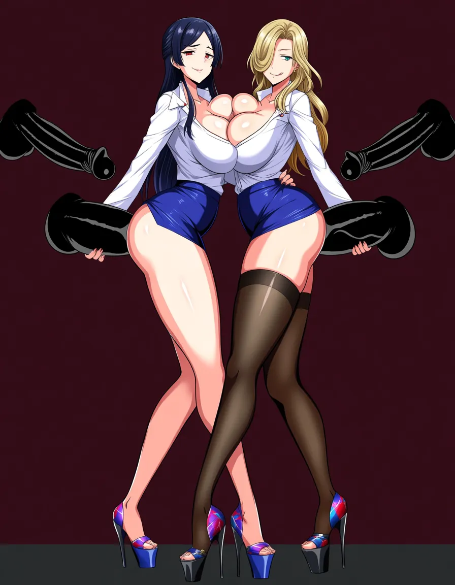 highres, 2girls, asymmetrical_docking military_uniform, hentai_studio_quality holding_hands mature_female, hentai_studio_quality tight_clothes miniskirt platform_footwear large_breasts cleavage, hentai_studio_quality kangoku_senkan, anal, hentai_studio_quality penis rolling_eyes tongue_out muscular_male, hentai_studio_quality group_sex, hentai_studio_quality vivid groping, hentai_studio_quality size_difference, hentai_studio_quality