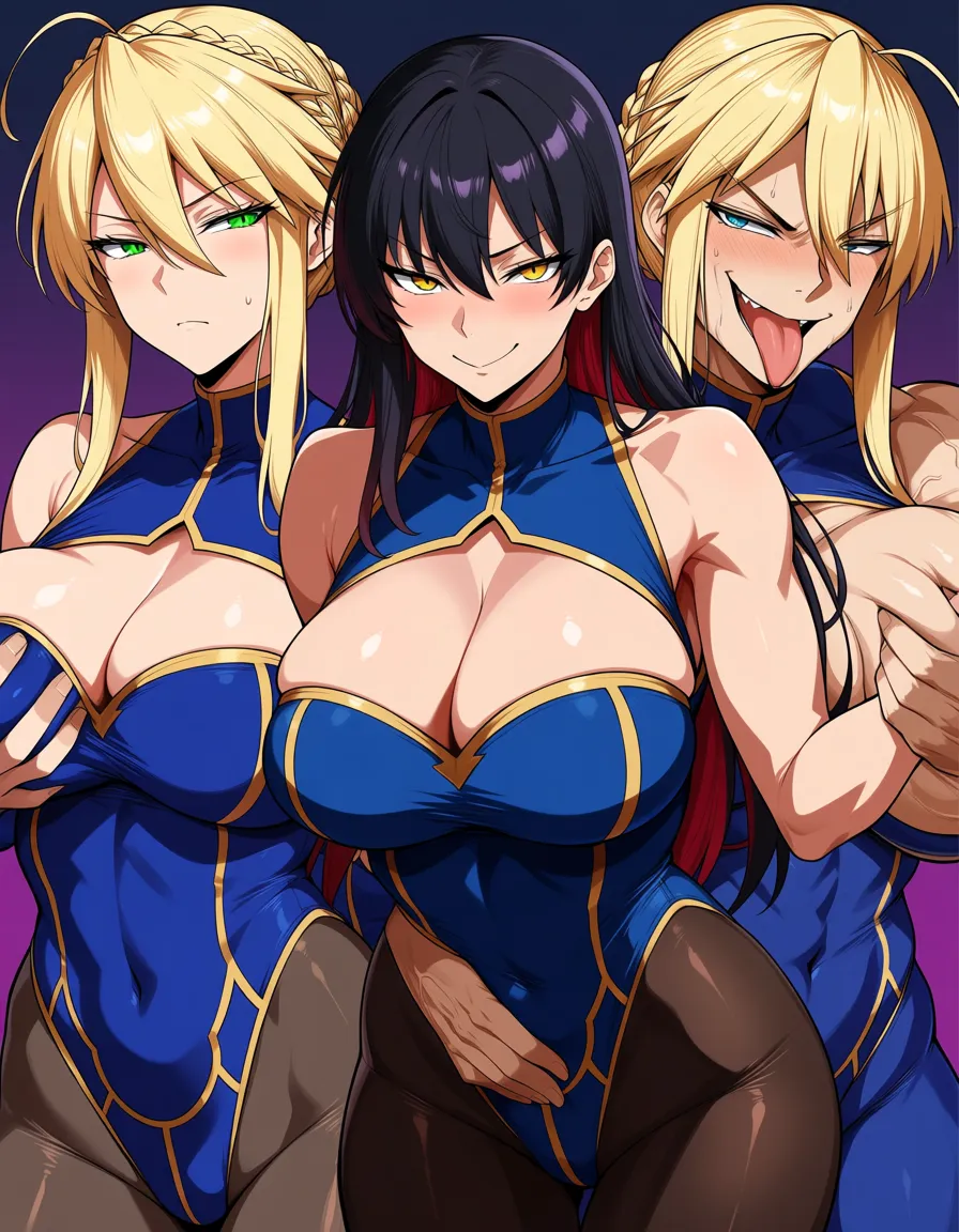 highres, vivid, cleavage, looking_at_viewer, naughty_face, Artoria Pendragon, muscular_male groping wide_shot, hentai_studio_quality